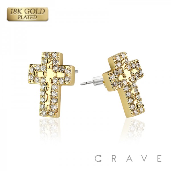 PAIR OF 18K GOLD PLATED CROSS WITH CZ GEMS INGOT CENTERED NUGGET EARRINGS